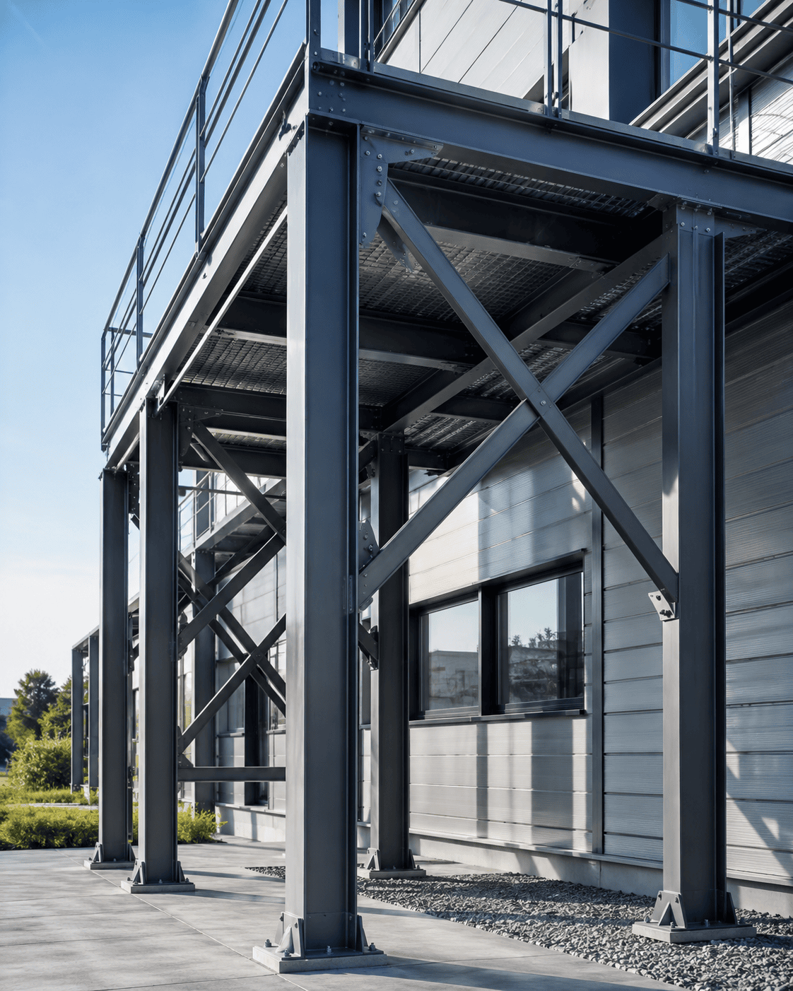 Stahl- und Metallbau Drost: Robuste, dunkelgraue Stahlkonstruktion mit Trägern, Stützen, Gitterrostboden und Geländer, als erhöhter Zugang an einem modernen Gebäude.
