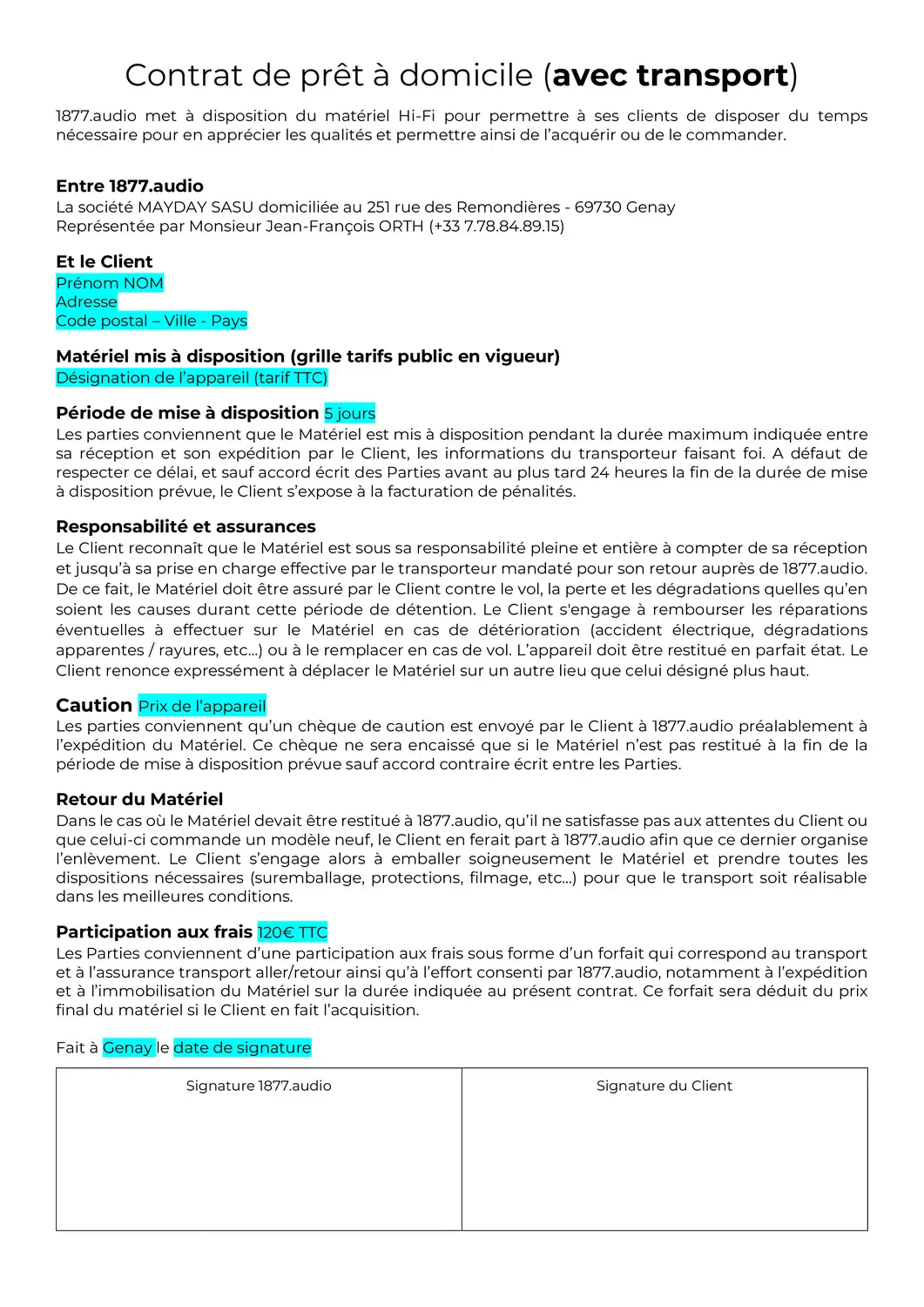 Exemple de contrat de prêt