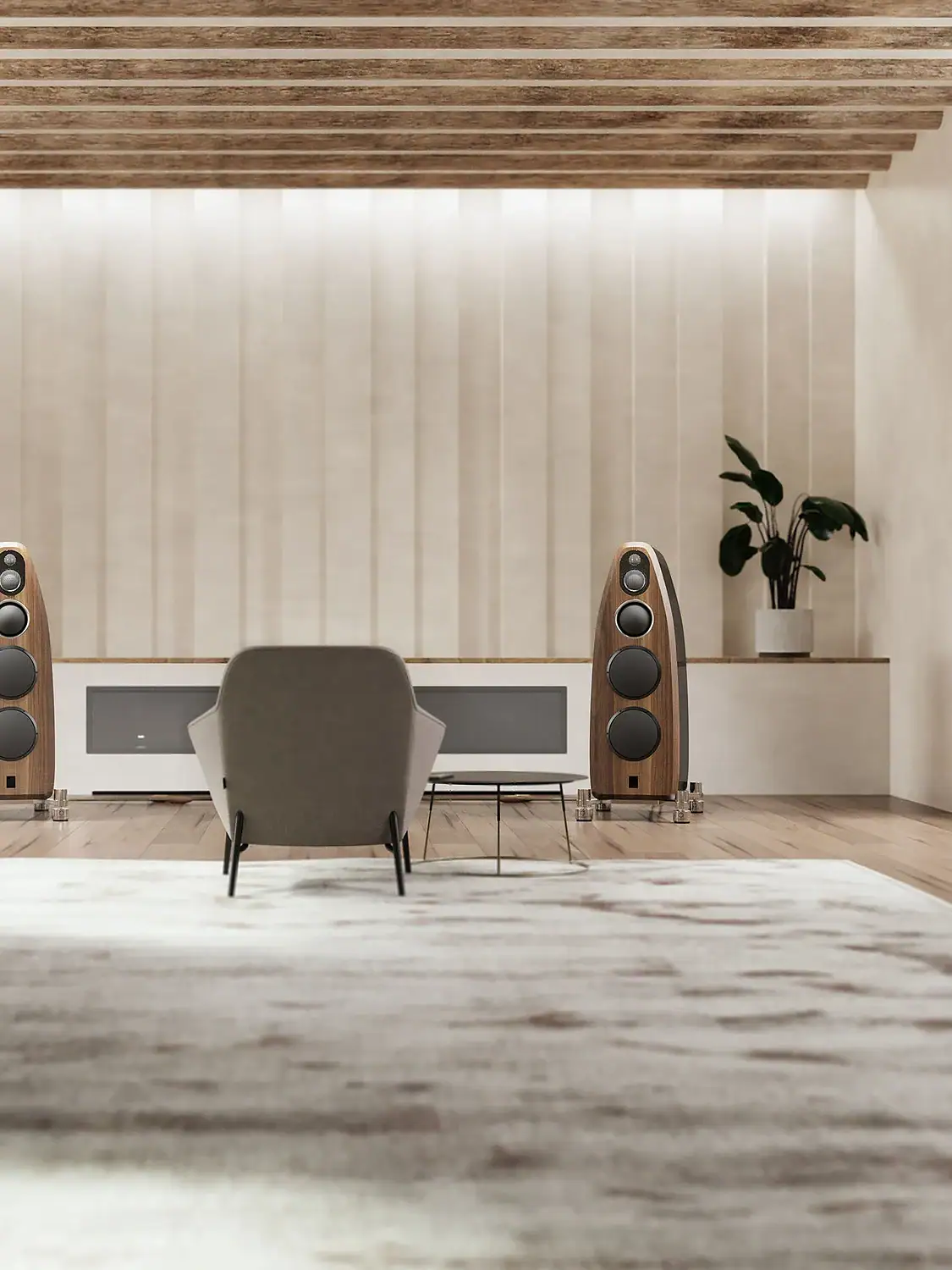 Paire de Marten Coltrane Quintet en finition Matte Wallnut dans une pièce à l'ambiance chaude