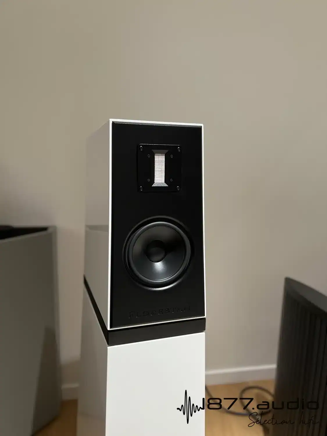 Verity Audio Florestan détail sur la partie haute de l'enceinte avec le tweeter çà ruban et le médium