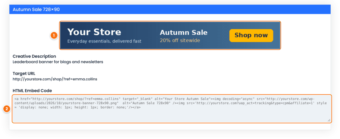 Creatives section of the Affiliate Portal with the Autumn Sale banner and its HTML Embed Code, which contains the affiliate link and a hidden tracking image for CPM impressions
