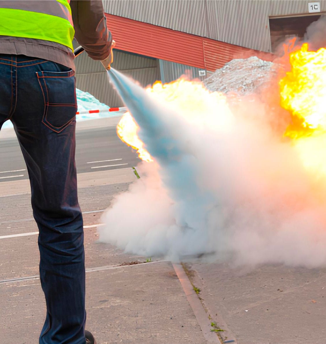 Brigadista utilizando um extintor em uma fogueira controlada.