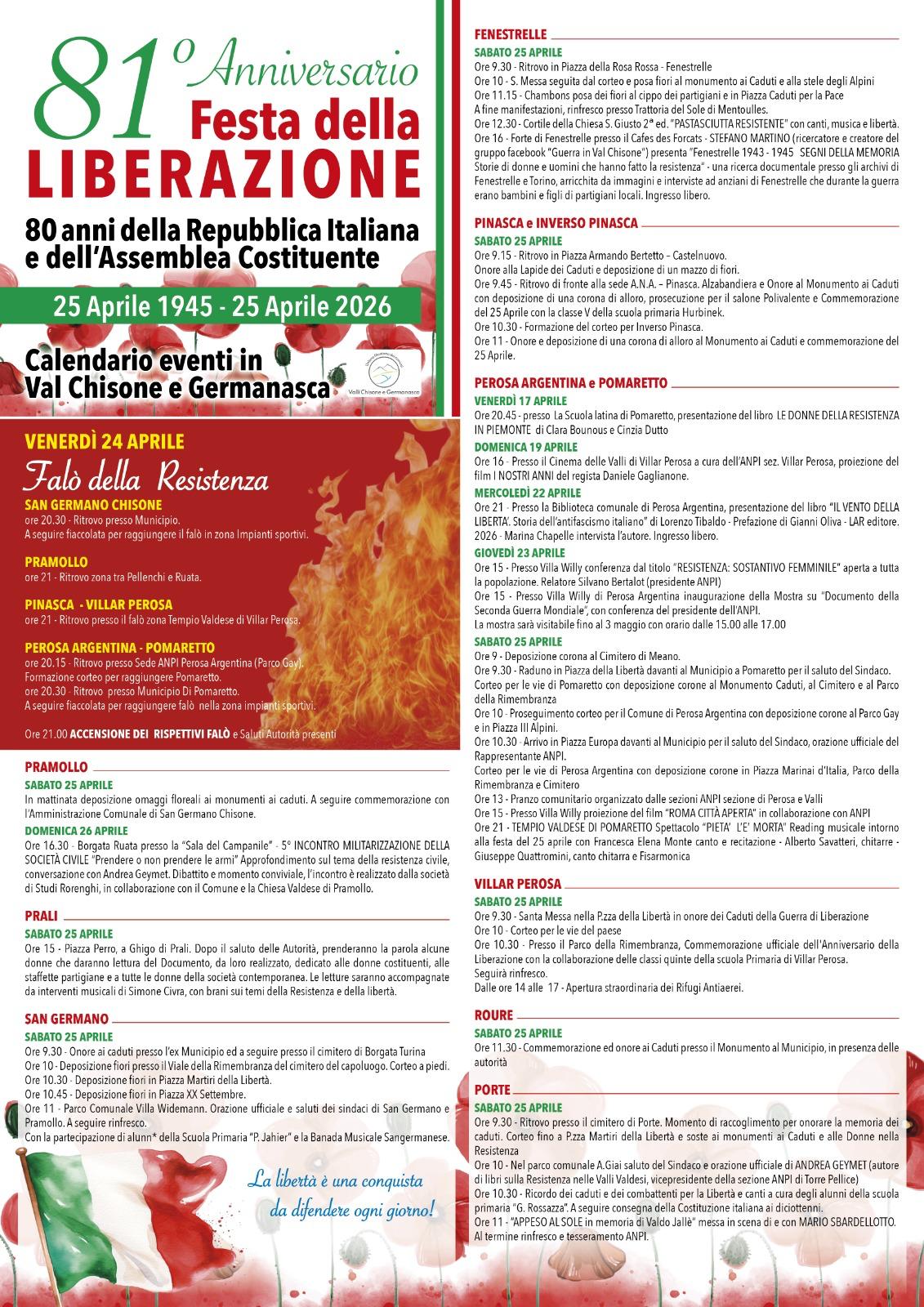 81° Anniversario della Liberazione: il programma degli eventi in Val Chisone e Germanasca