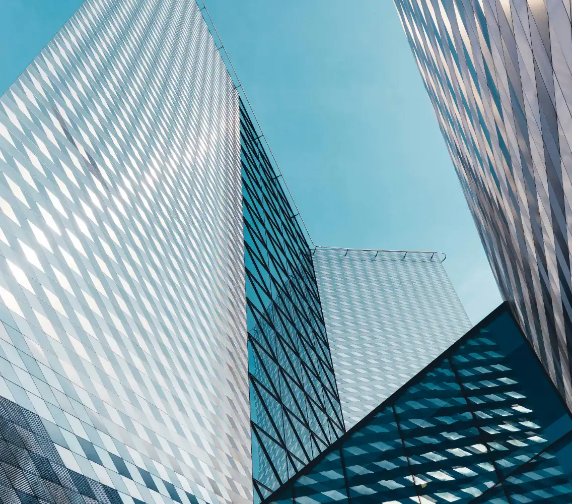 Tall corporate buildings from a worm's eye view