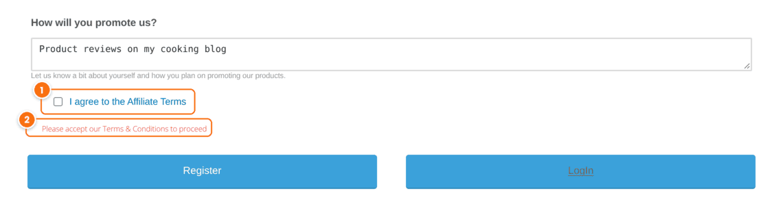 Affiliate registration form with the I agree to the Affiliate Terms checkbox and the error message Please accept our Terms and Conditions to proceed