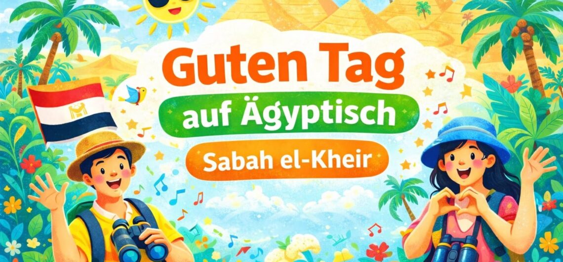 Guten Tag auf Ägyptisch – Bunte Illustration mit Touristen, Pyramiden, Palmen und fröhlicher Stimmung, mit dem Text „Guten Tag auf Ägyptisch“ und „Sabah el-Kheir“.