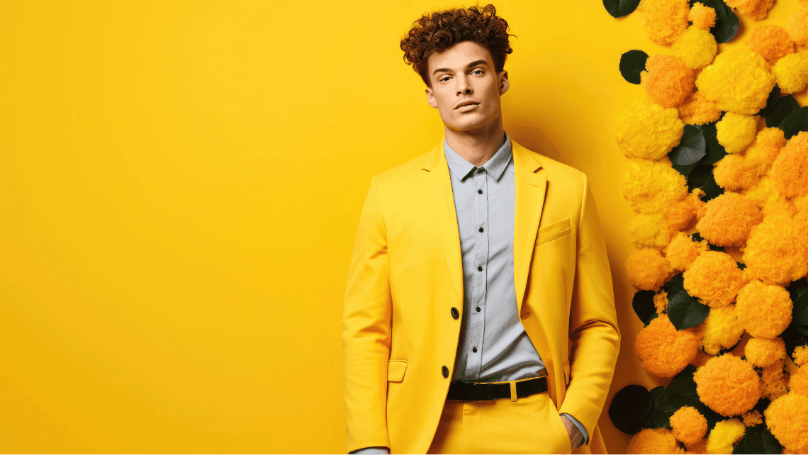 a man in a yellow suit on a yellow background