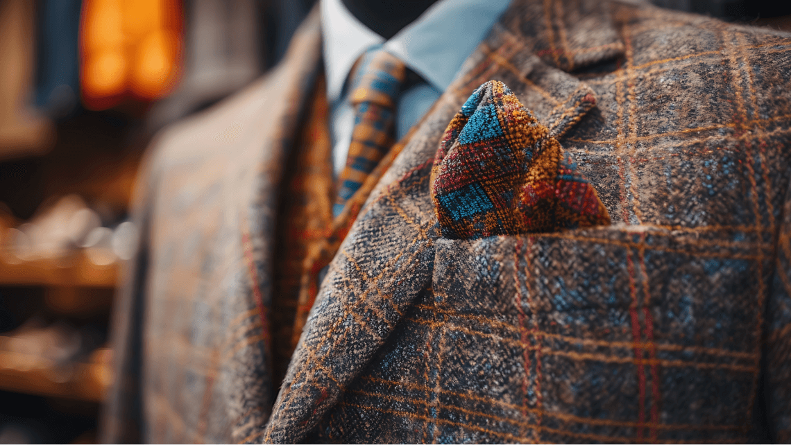 a tweed suit on a stand