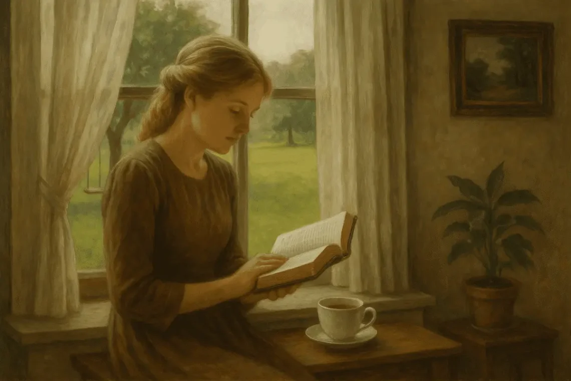 devocional da diligencia, uma moça sentanda em frente a uma janela lendo a biblibia tomando chá