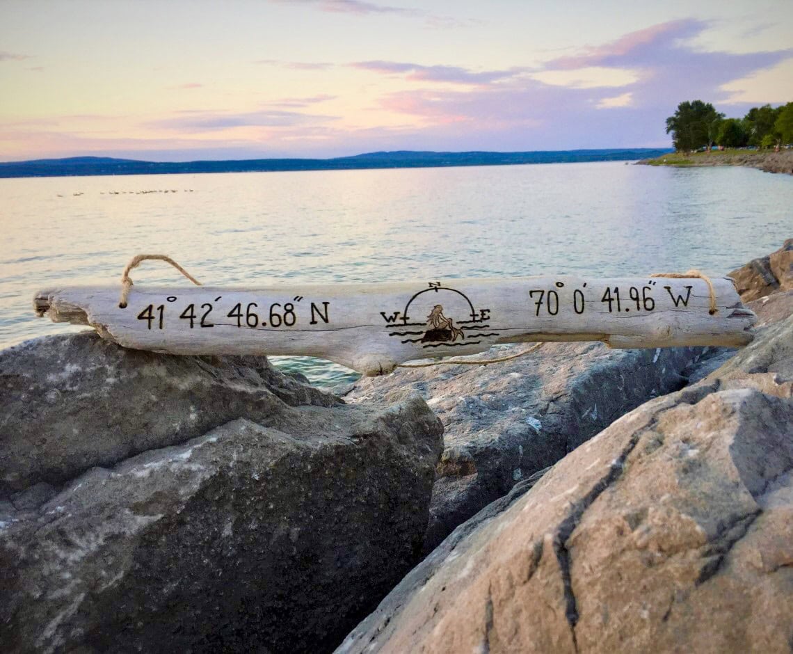 Mermaid GPS Coordinate Driftwood Sign