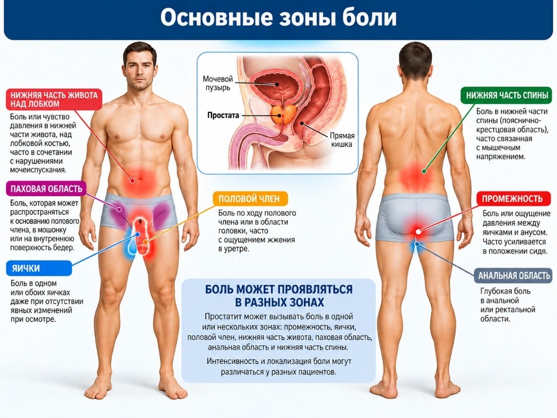Области боли при простатите: промежность, яички, половой член, живот и спина