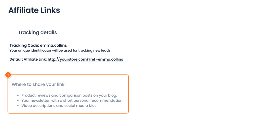 Affiliate Links tab of the Ultimate Affiliate Pro Affiliate Portal with a Where to share your link box added by a code snippet under the tracking code and default affiliate link