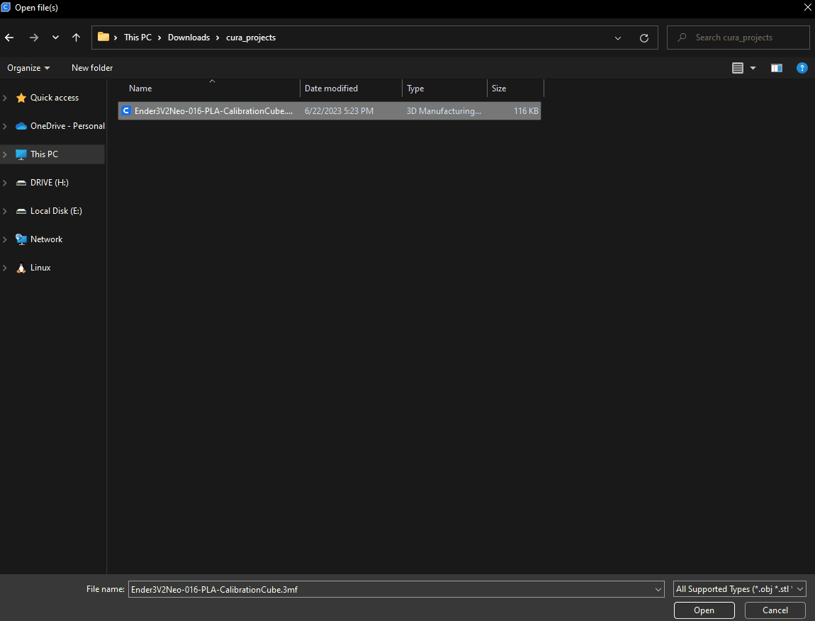 cura opening project file