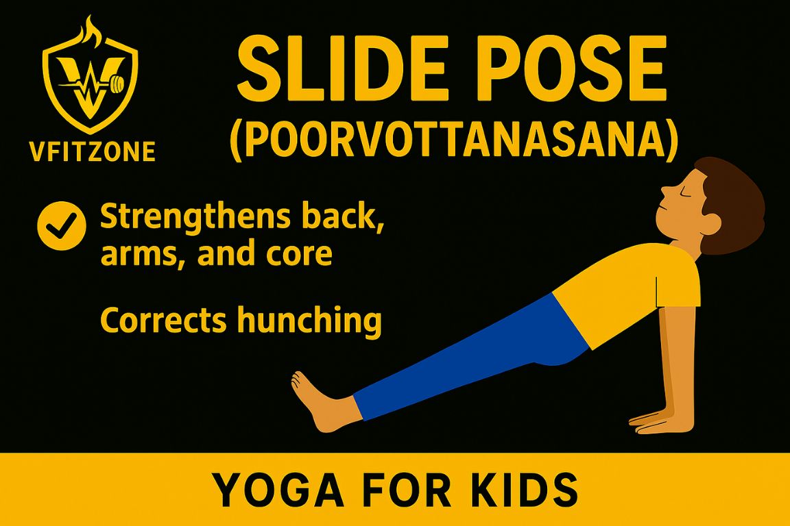 Child performing Slide Pose (Poorvottanasana) to improve posture, strengthen back, arms, and core – VfitZone illustration