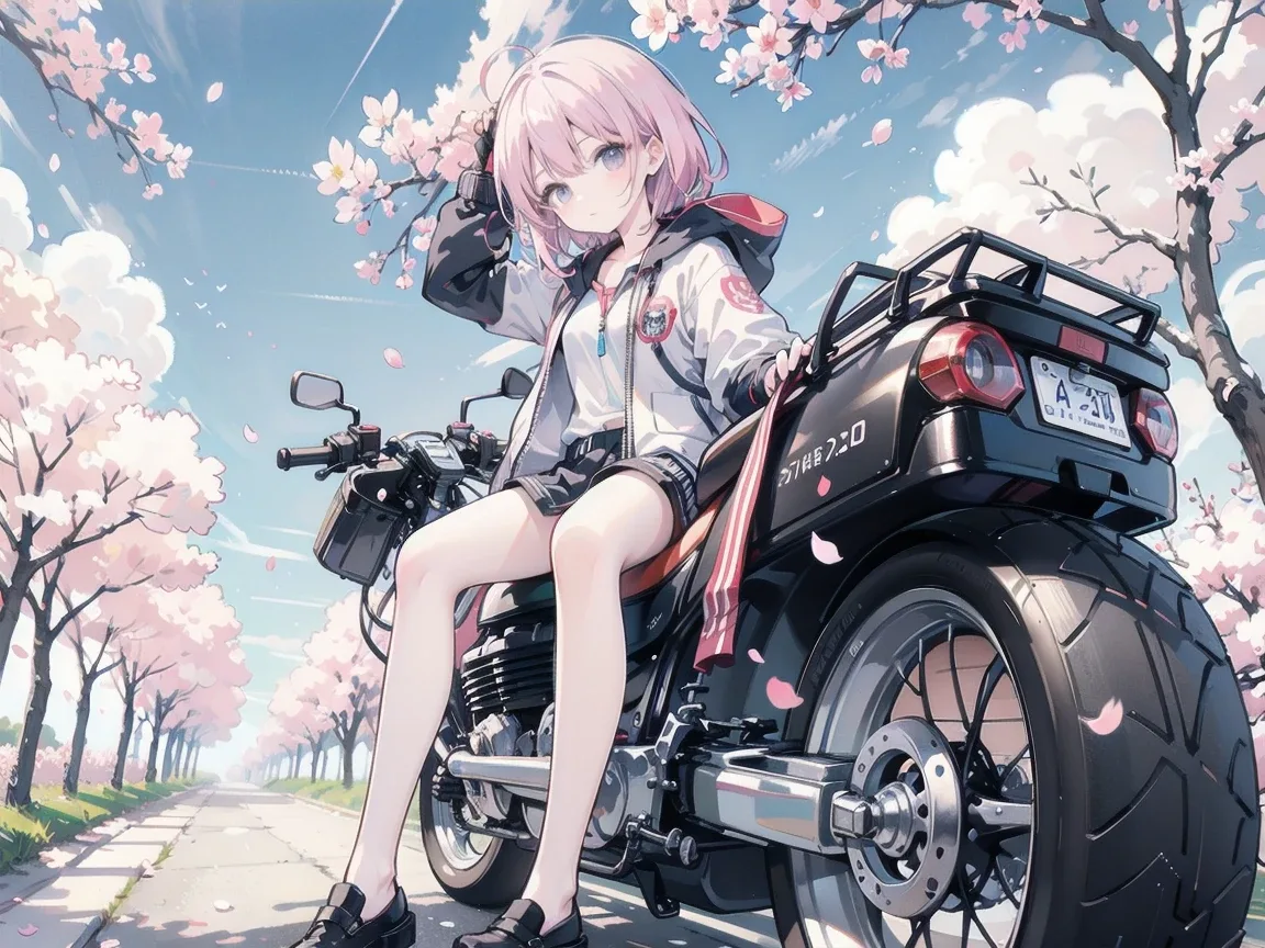 桜とバイクと少女【Image generated with SeaArt】