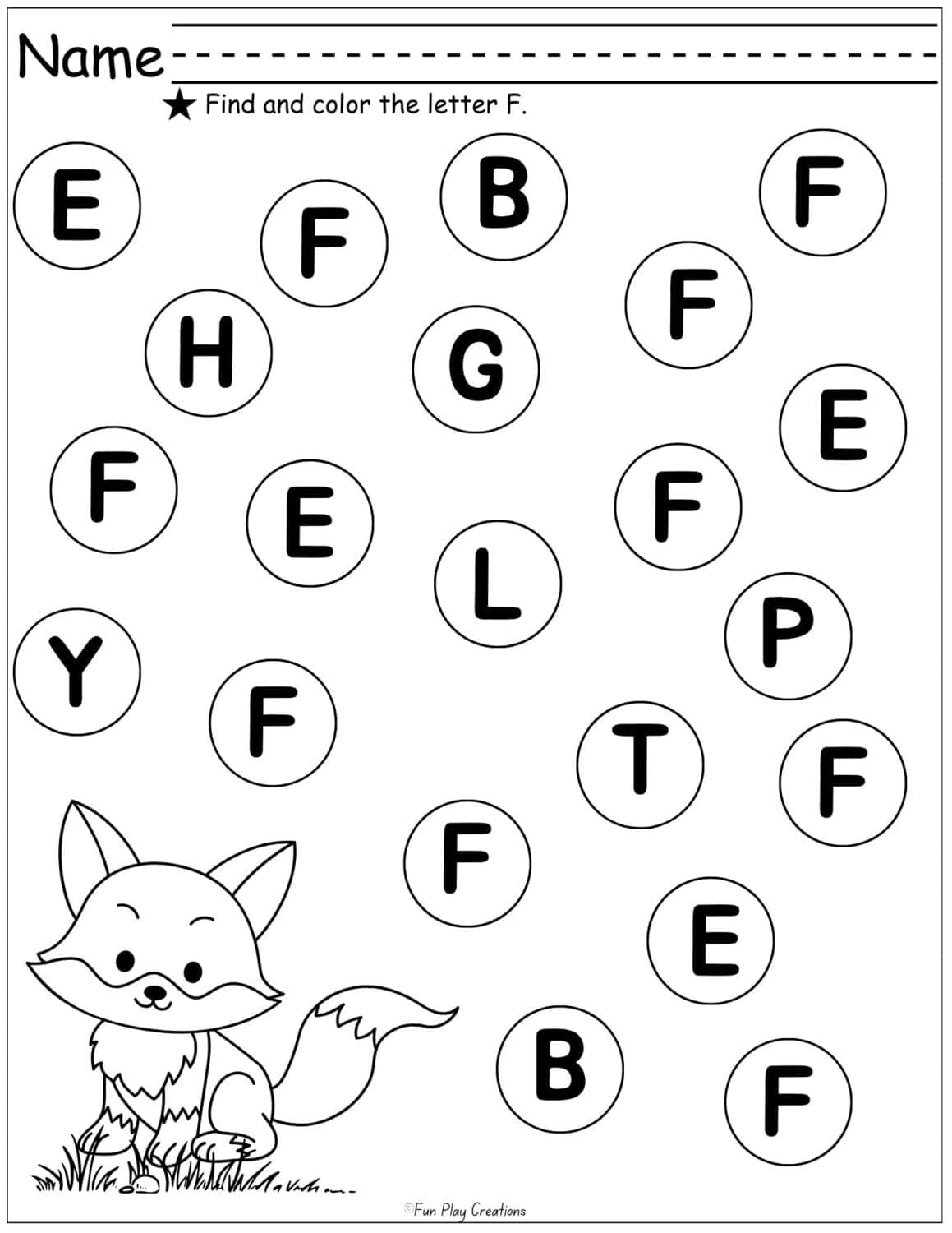 worksheet with capital letters inside bubbles and instructions to color the letter F