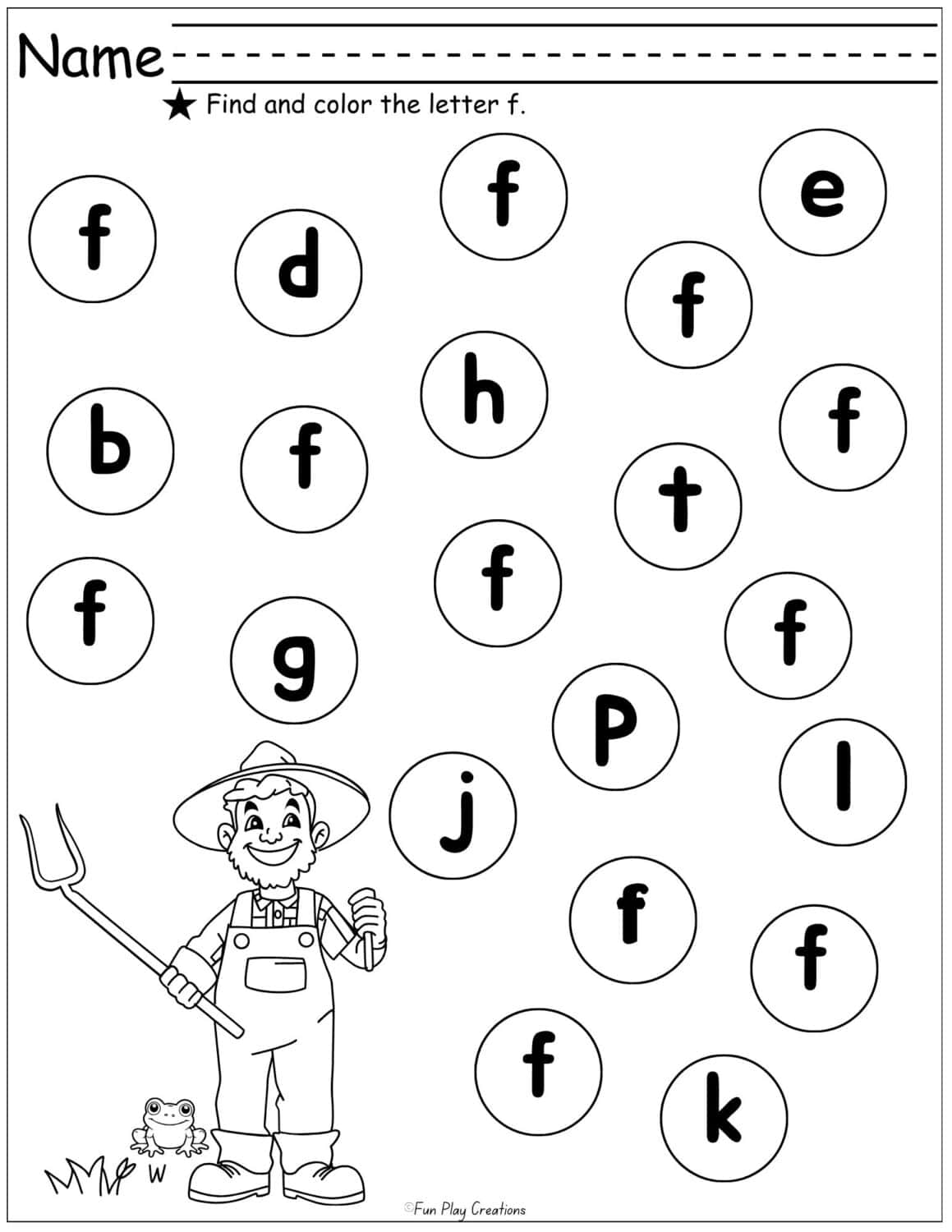 worksheet with lowercase letters inside bubbles and instructions to color the f's