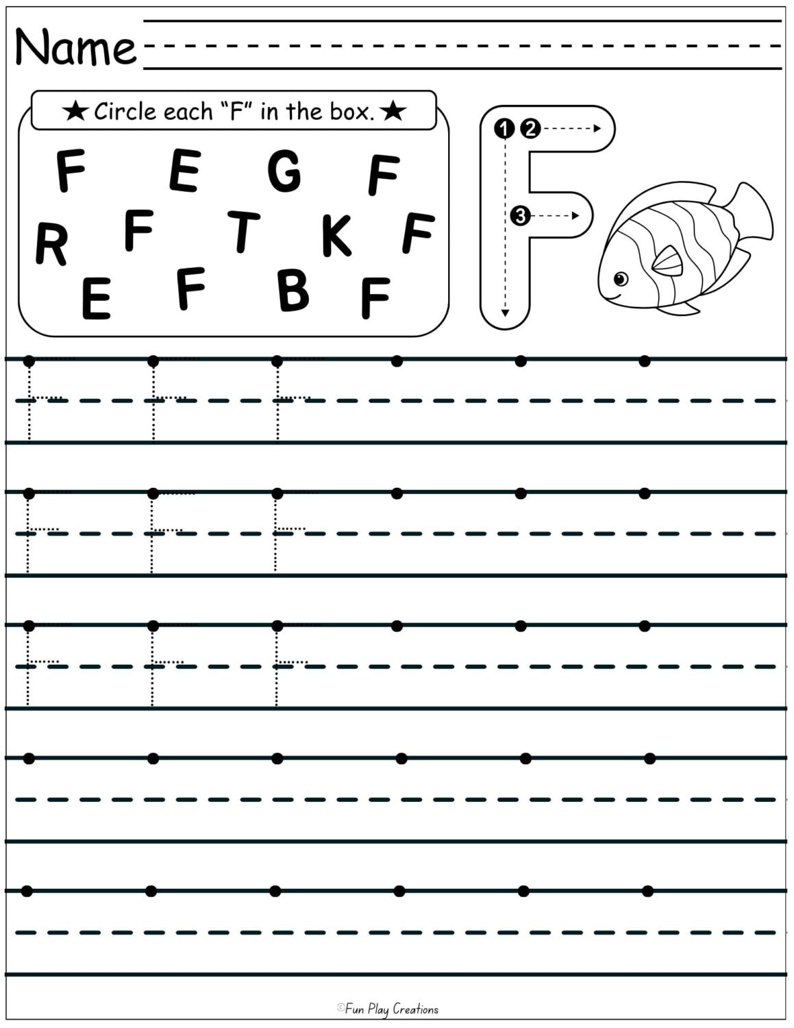lined worksheet with capital F letters for students to trace and write