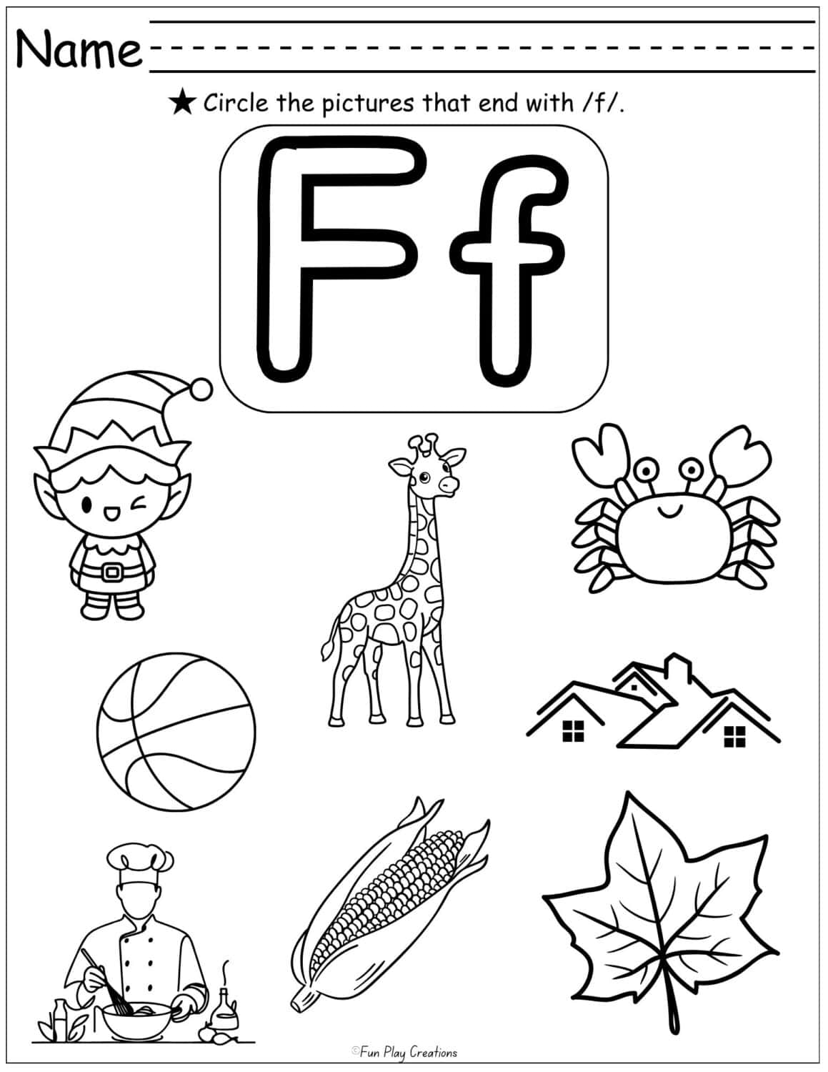 worksheet with graphics and directions to circle the pictures that end with f