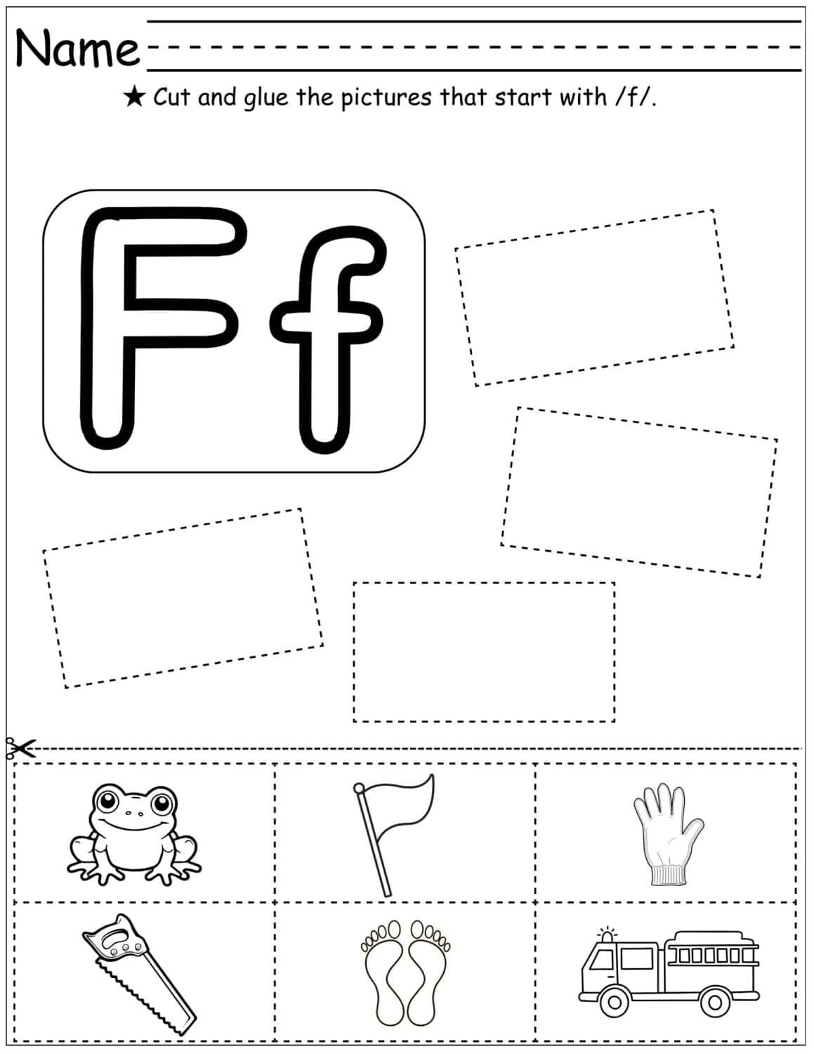 worksheet with graphics and directions to cut and glue the pictures that start with f