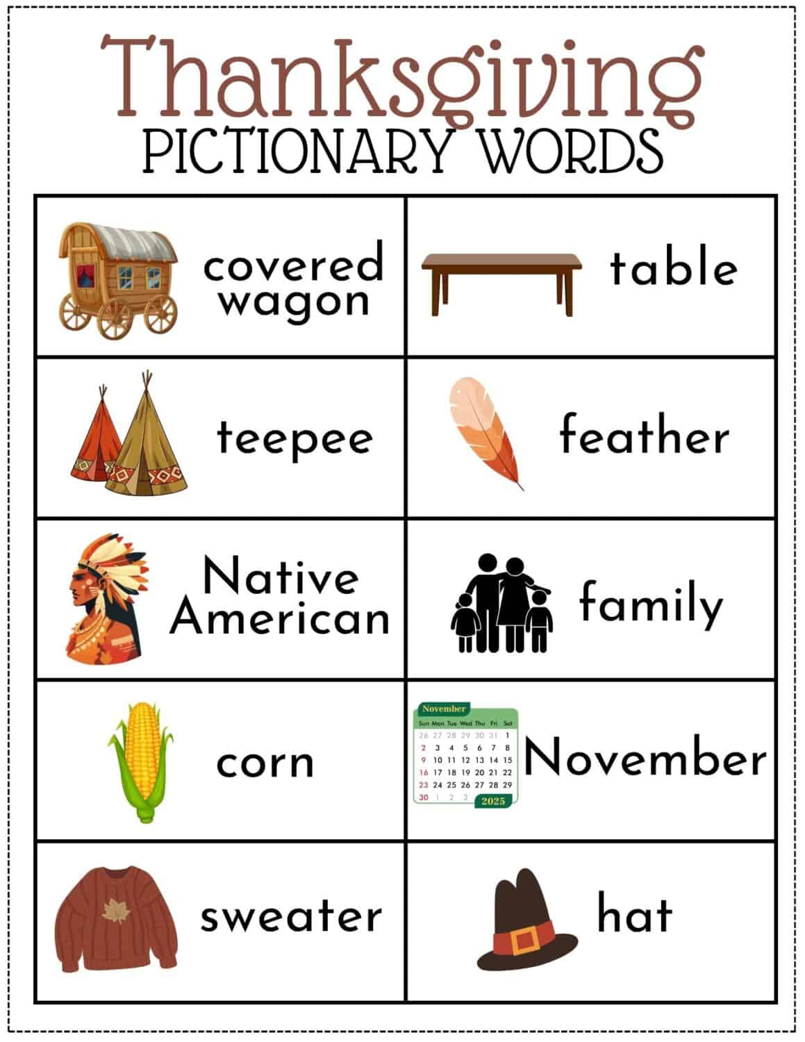 Printable Thanksgiving Pictionary
