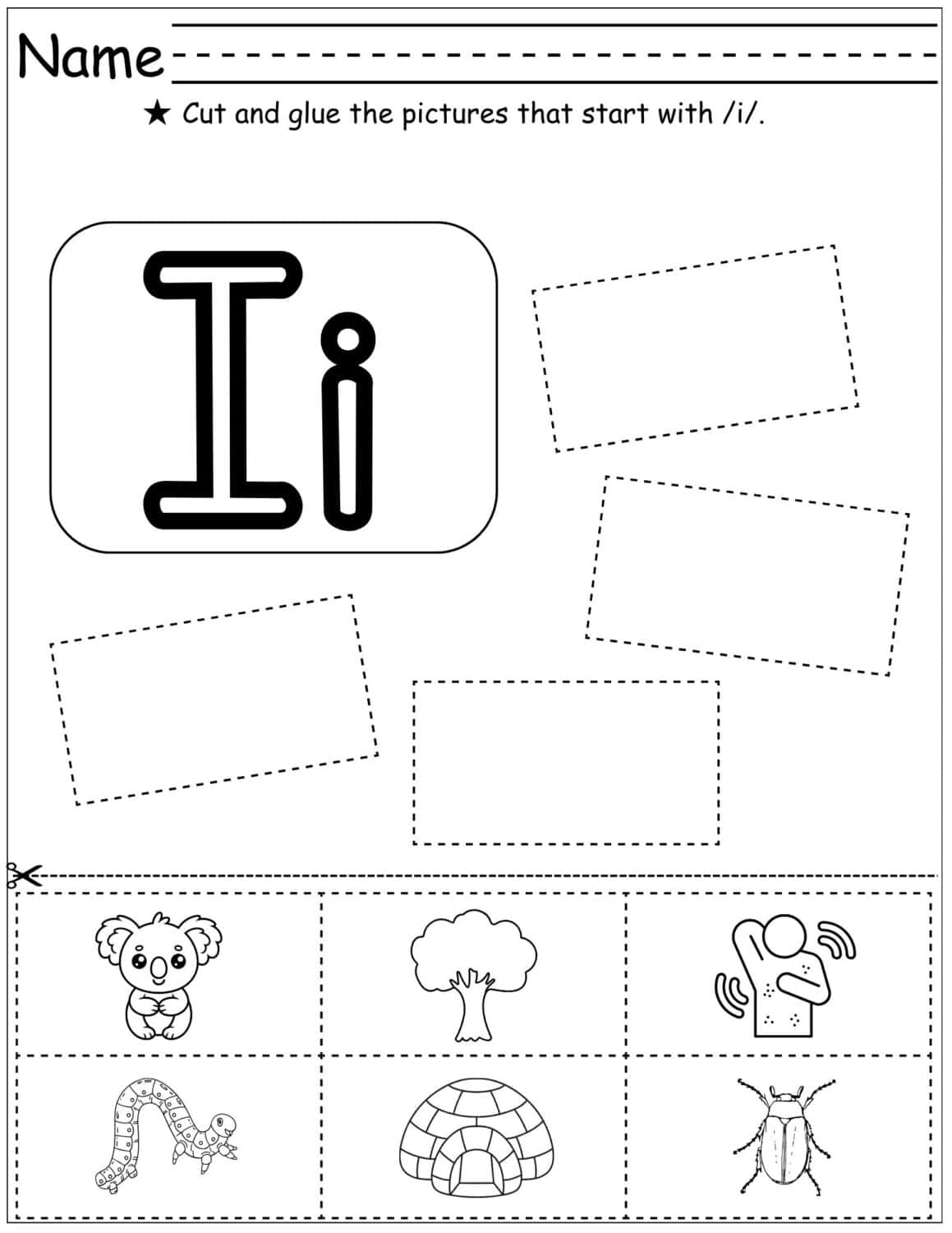 worksheet with graphics to cut out and large letters Ii