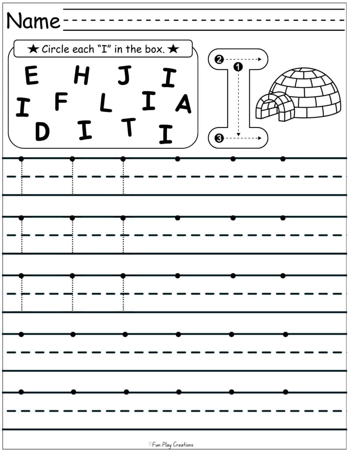 worksheet with handwriting lines for capital I
