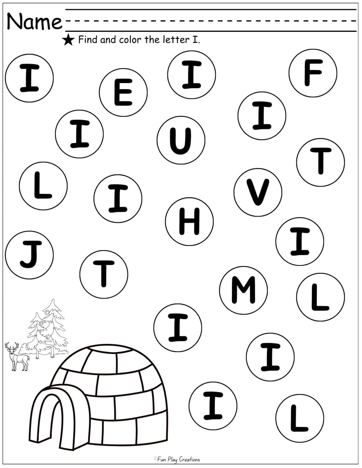 Worksheet with igloo graphic and bubbles featuring capital letters