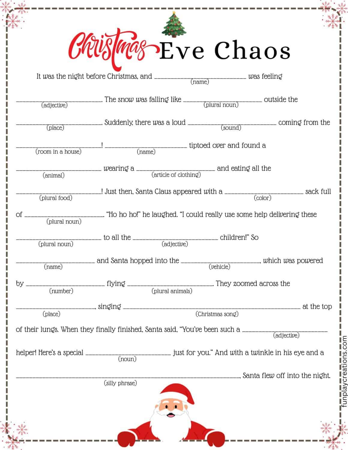 Mad Libs story titled Christmas Eve Chaos with Santa graphics