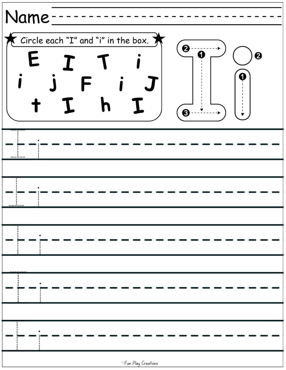 worksheet with handwriting lines for capital and lowercase i