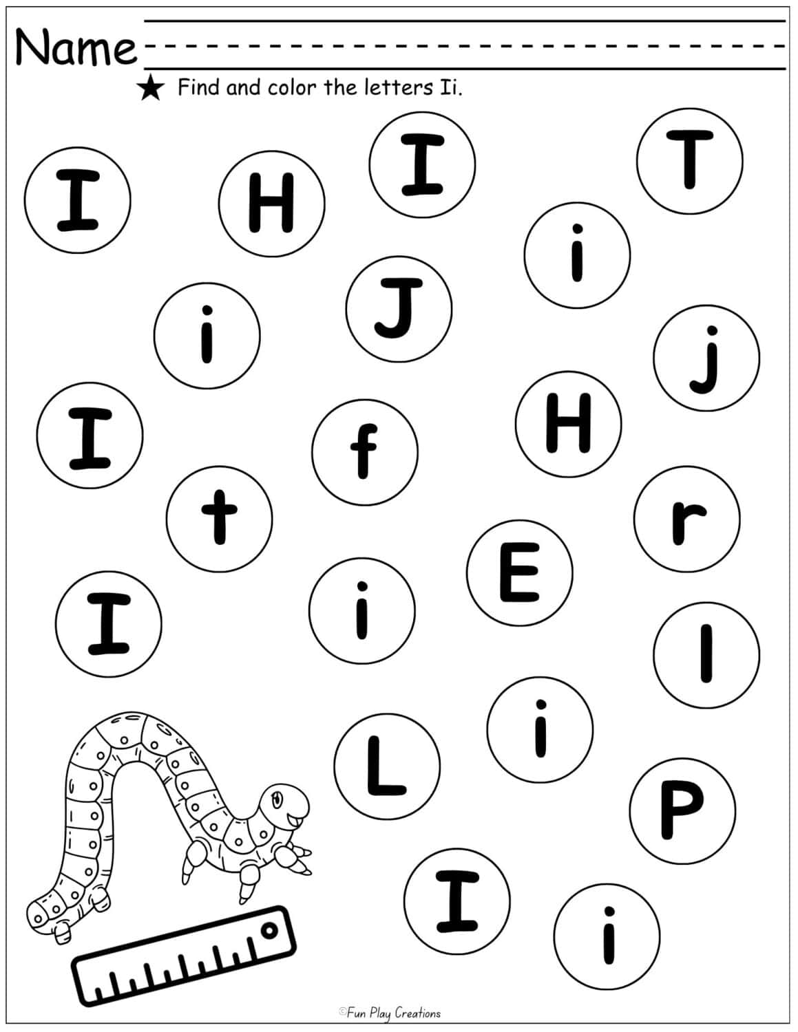 Worksheet with inchworm graphic and bubbles featuring capital and lowercase letters