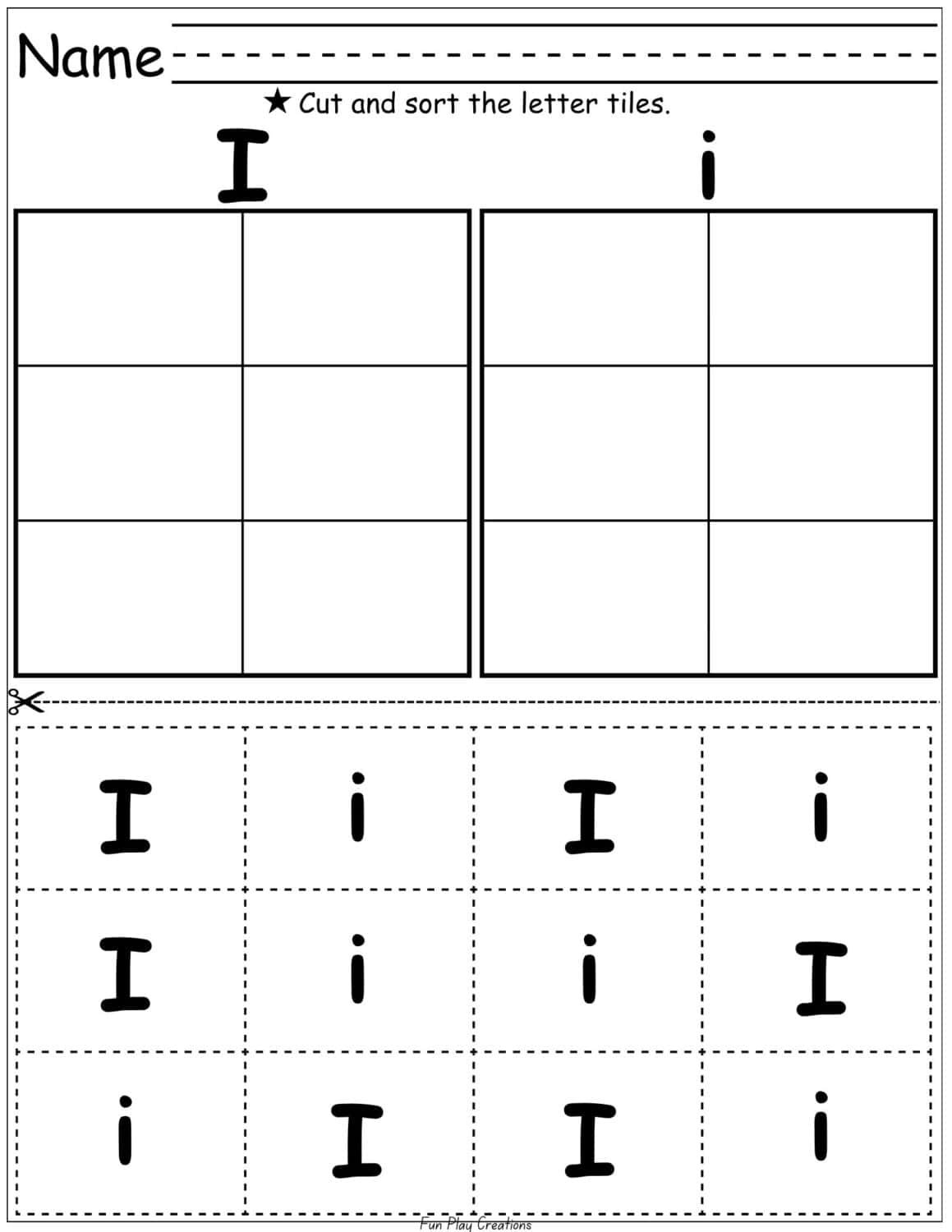Worksheet with capital and lowercase Ii tiles to cut and sort