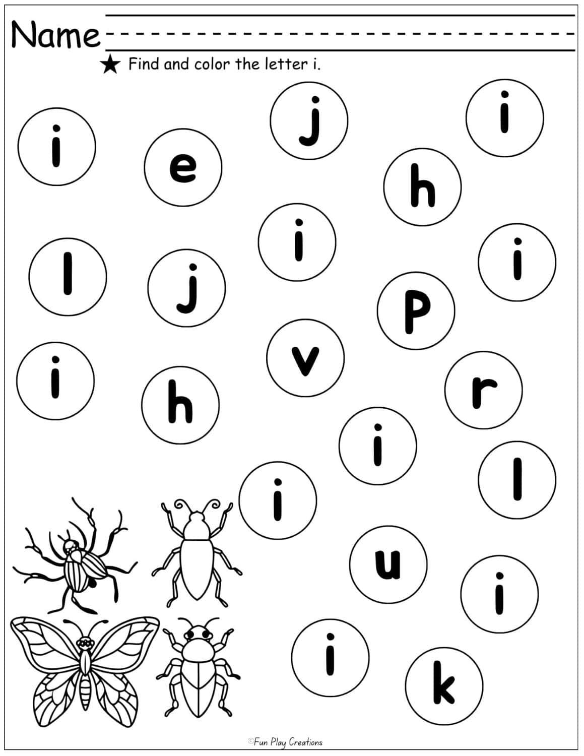 Worksheet with insects graphic and bubbles featuring lowercase letters