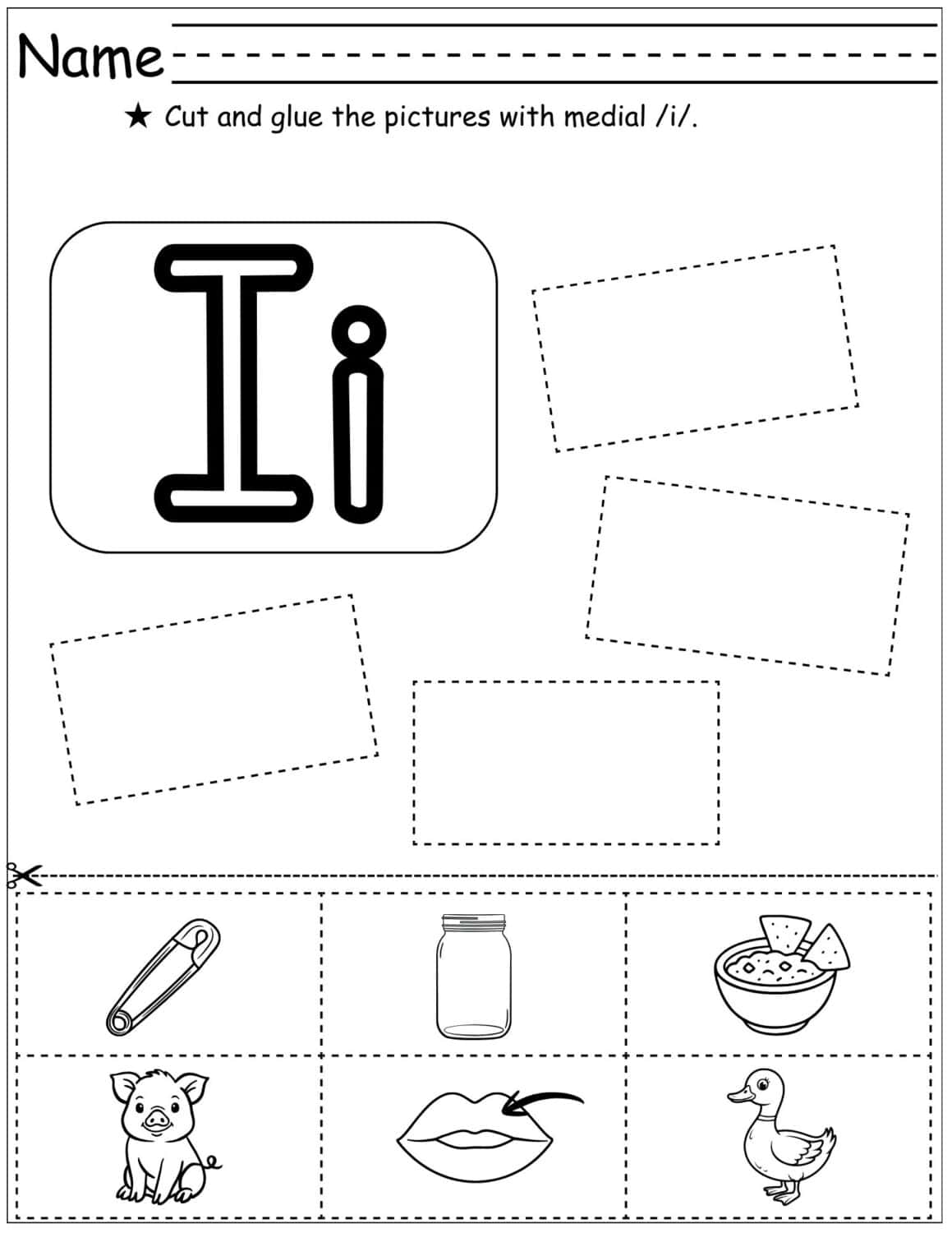 worksheet with graphics to cut out and large letters Ii