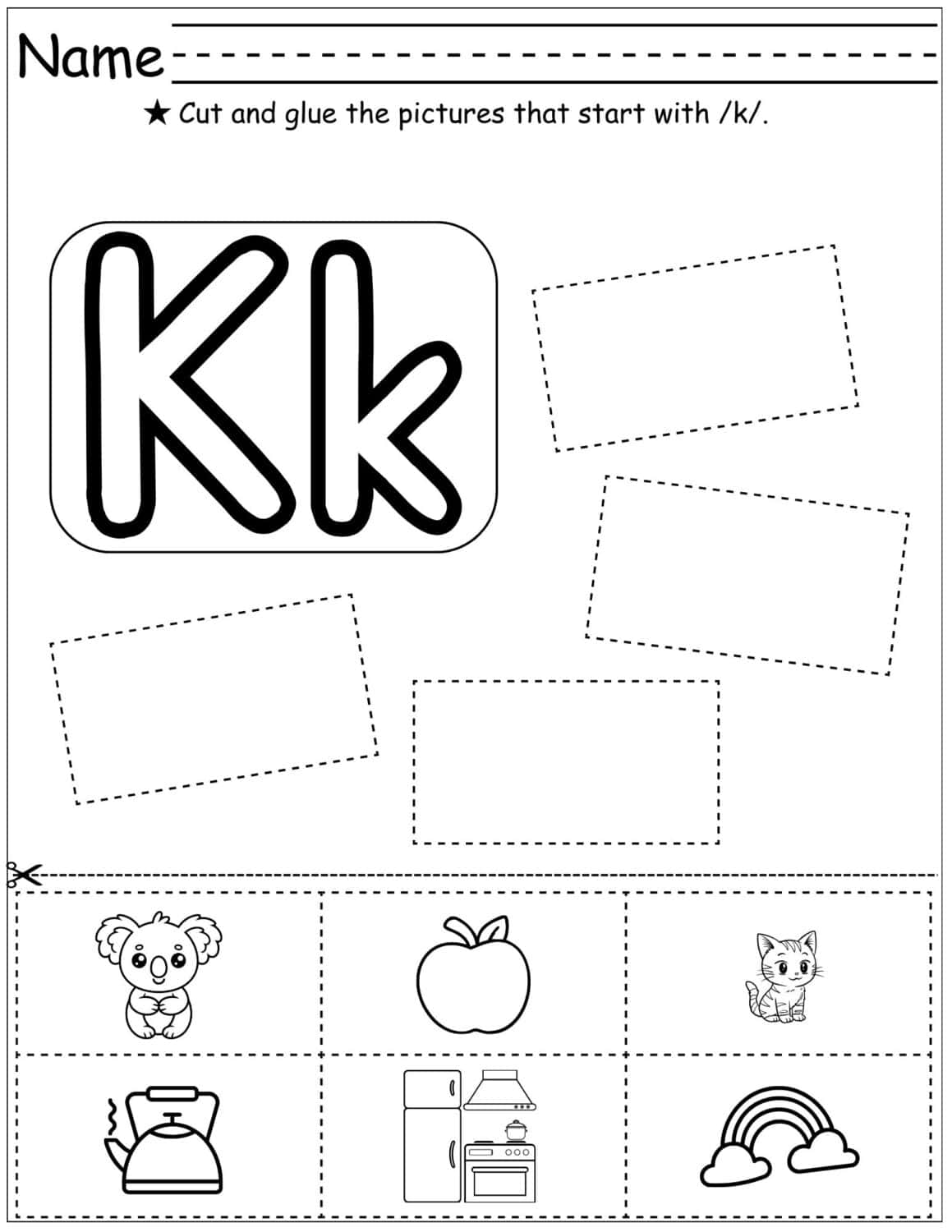 worksheet with graphics and instructions to cut and glue the pictures that begin with k