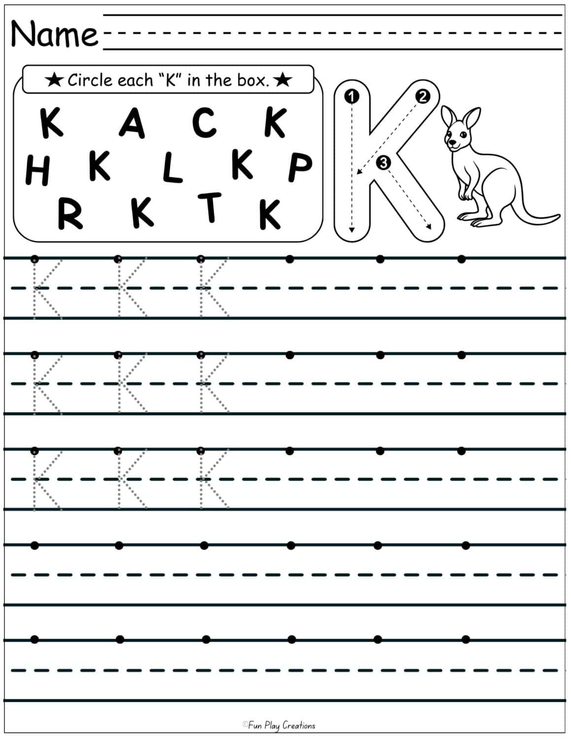 worksheet with lines and directions for drawing capital K