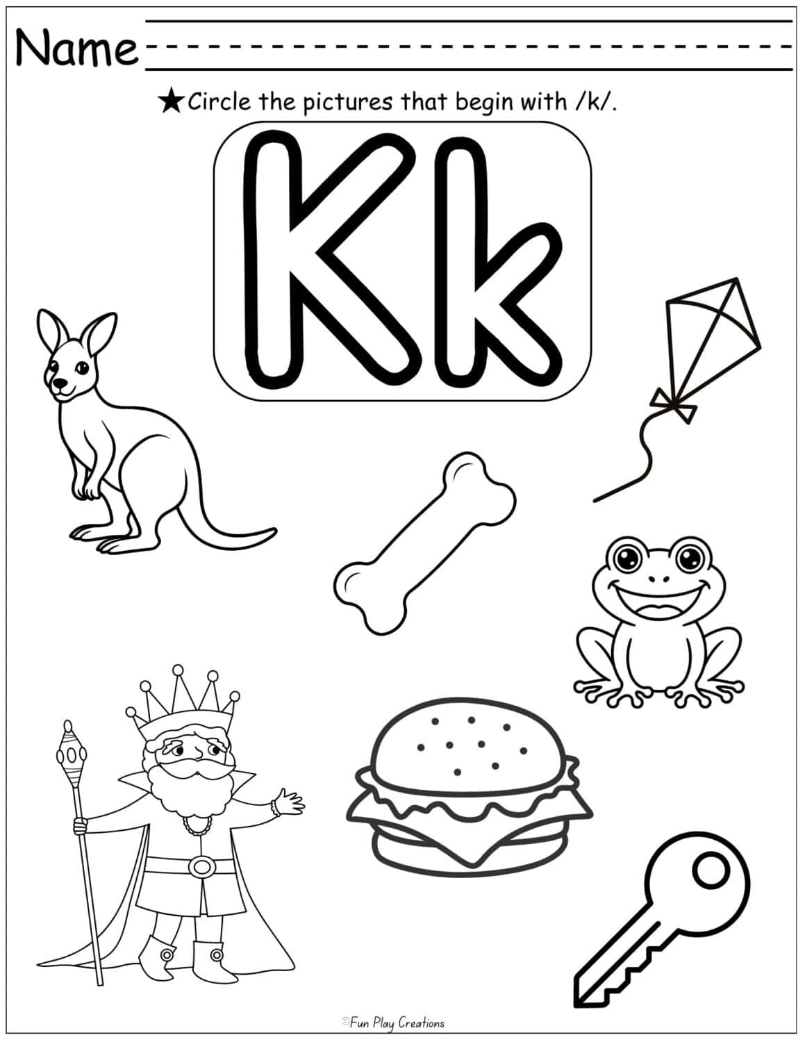 worksheet with graphics and instructions to circle the pictures that begin with k