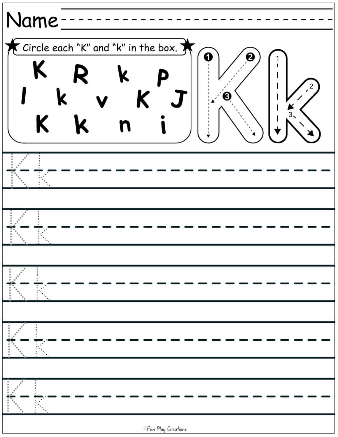 worksheet with lines and directions for drawing Kk