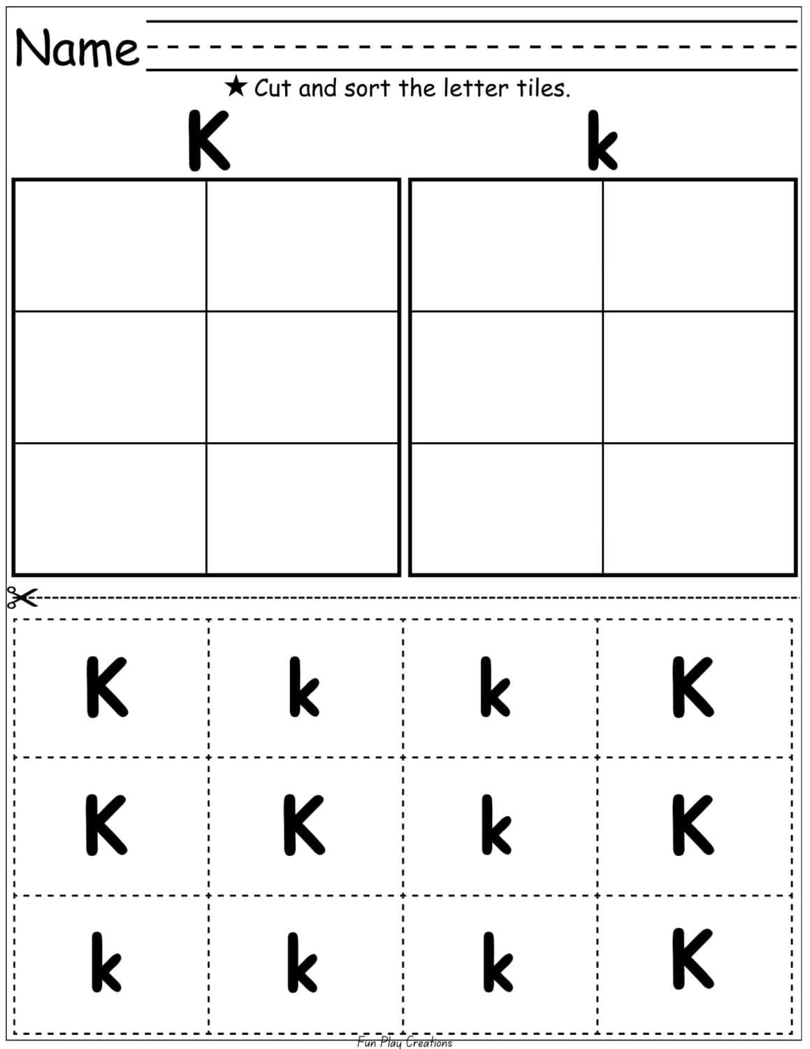 worksheet with Kk letter tiles to cut and glue