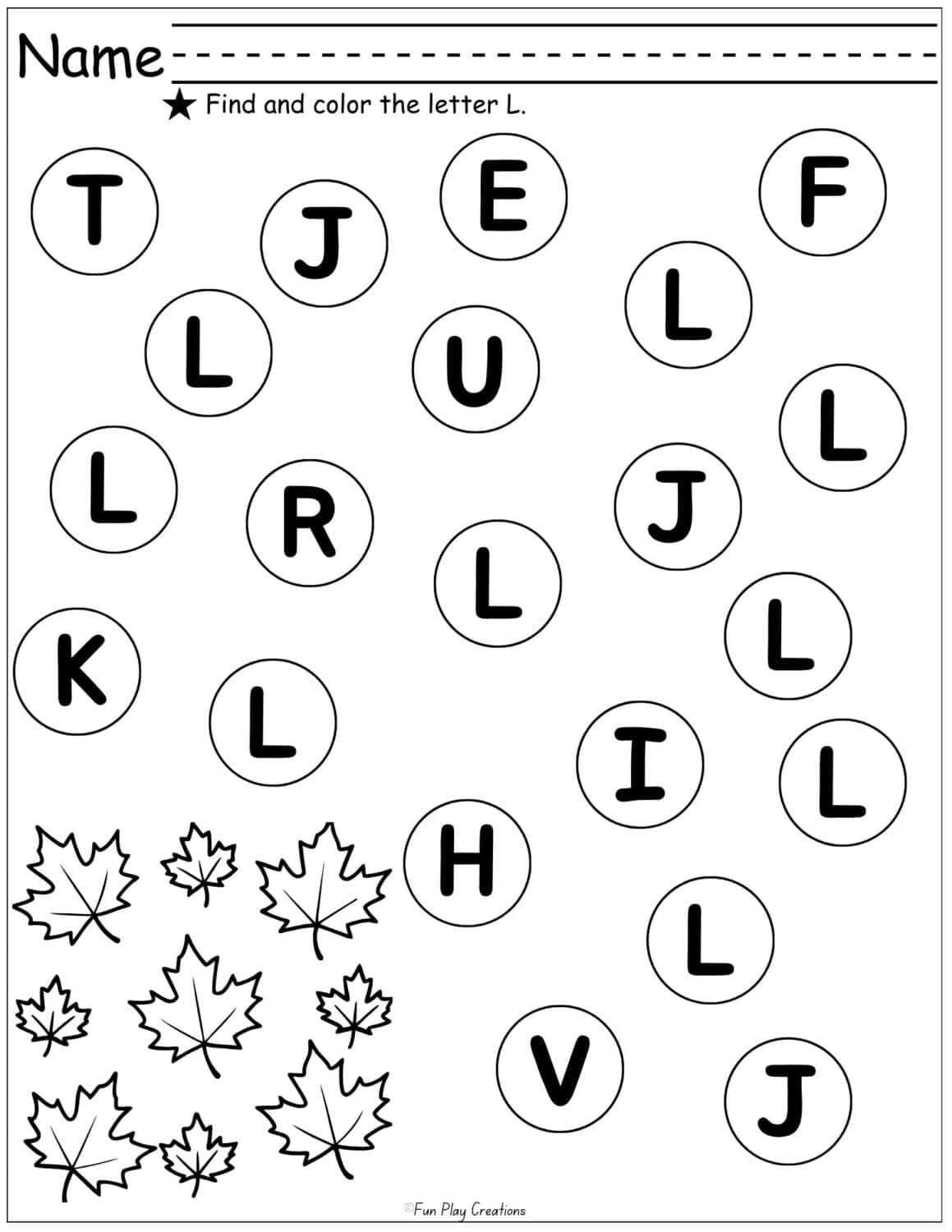 worksheet with bubbles featuring capital letters of the alphabet and instructions to color the letter L
