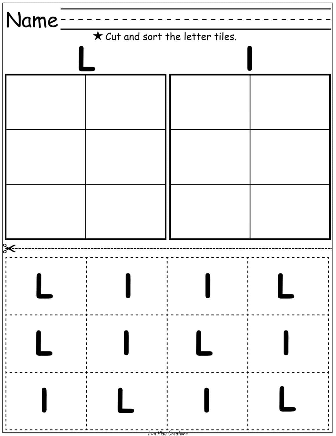 worksheet with Ll letter tiles and instructions to cut and glue to correct spots