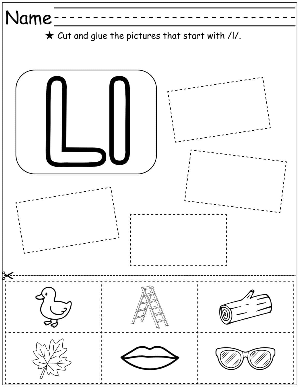 worksheet with picture tiles and directions to cut and glue pictures that start with l