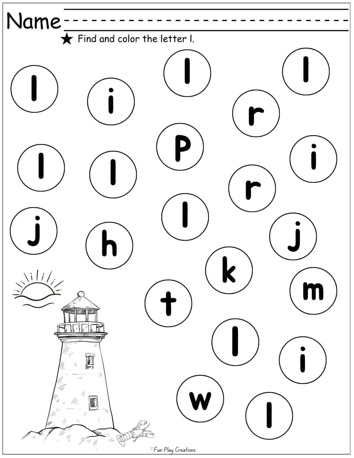 worksheet with bubbles featuring lowercase letters of the alphabet and instructions to color the letter L