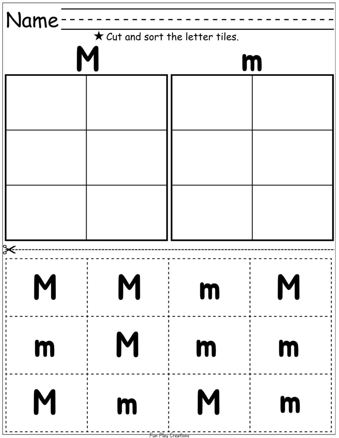 worksheet with tiles containing capital M and lowercase m