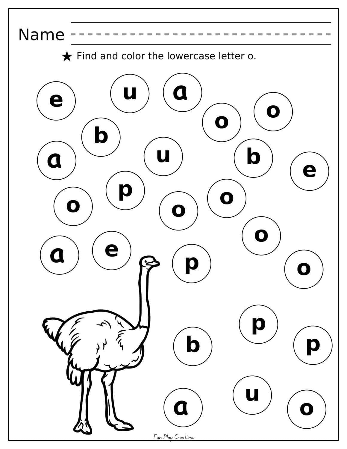 worksheet featuring bubbles with alphabet letters inside and an ostrich graphic