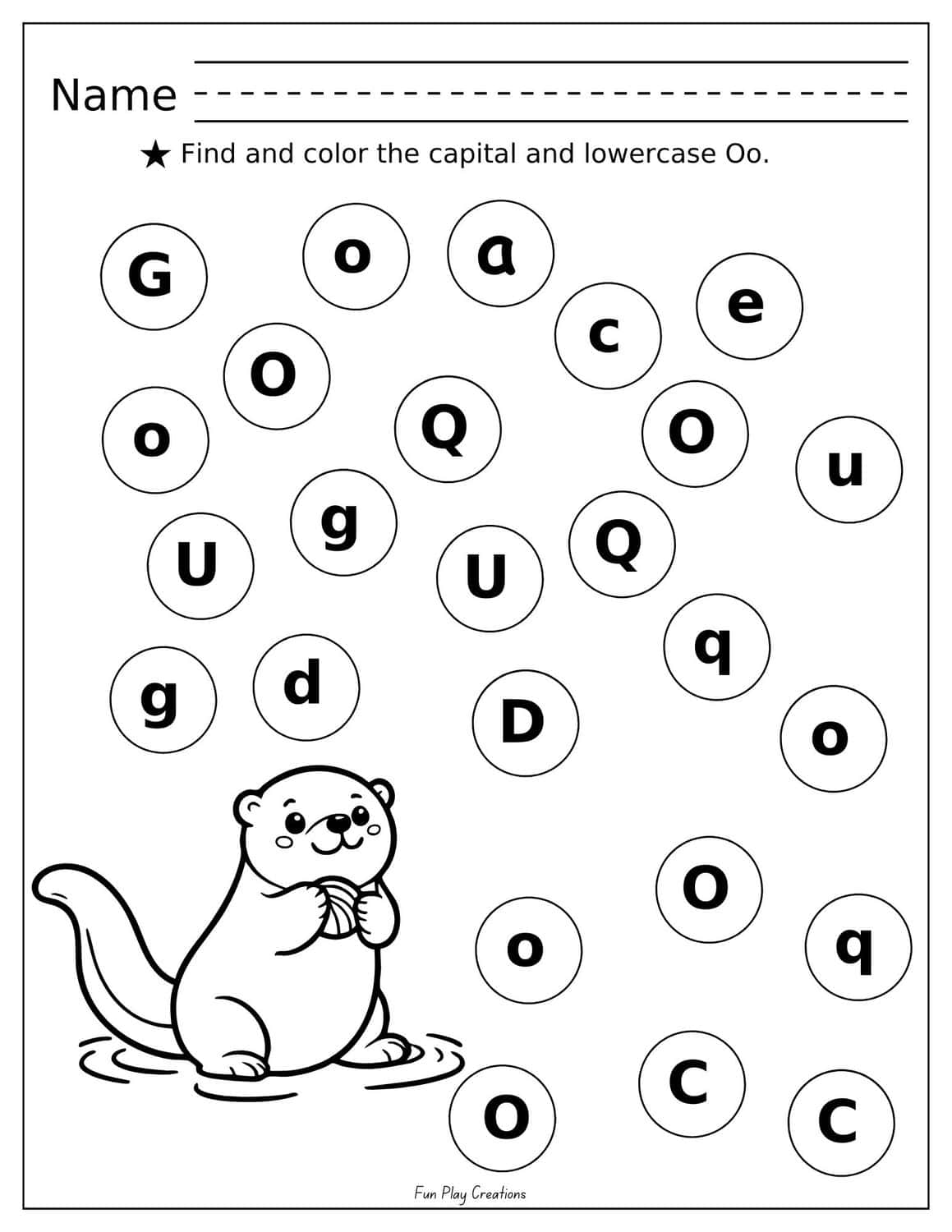 worksheet featuring bubbles with alphabet letters inside and an otter graphic