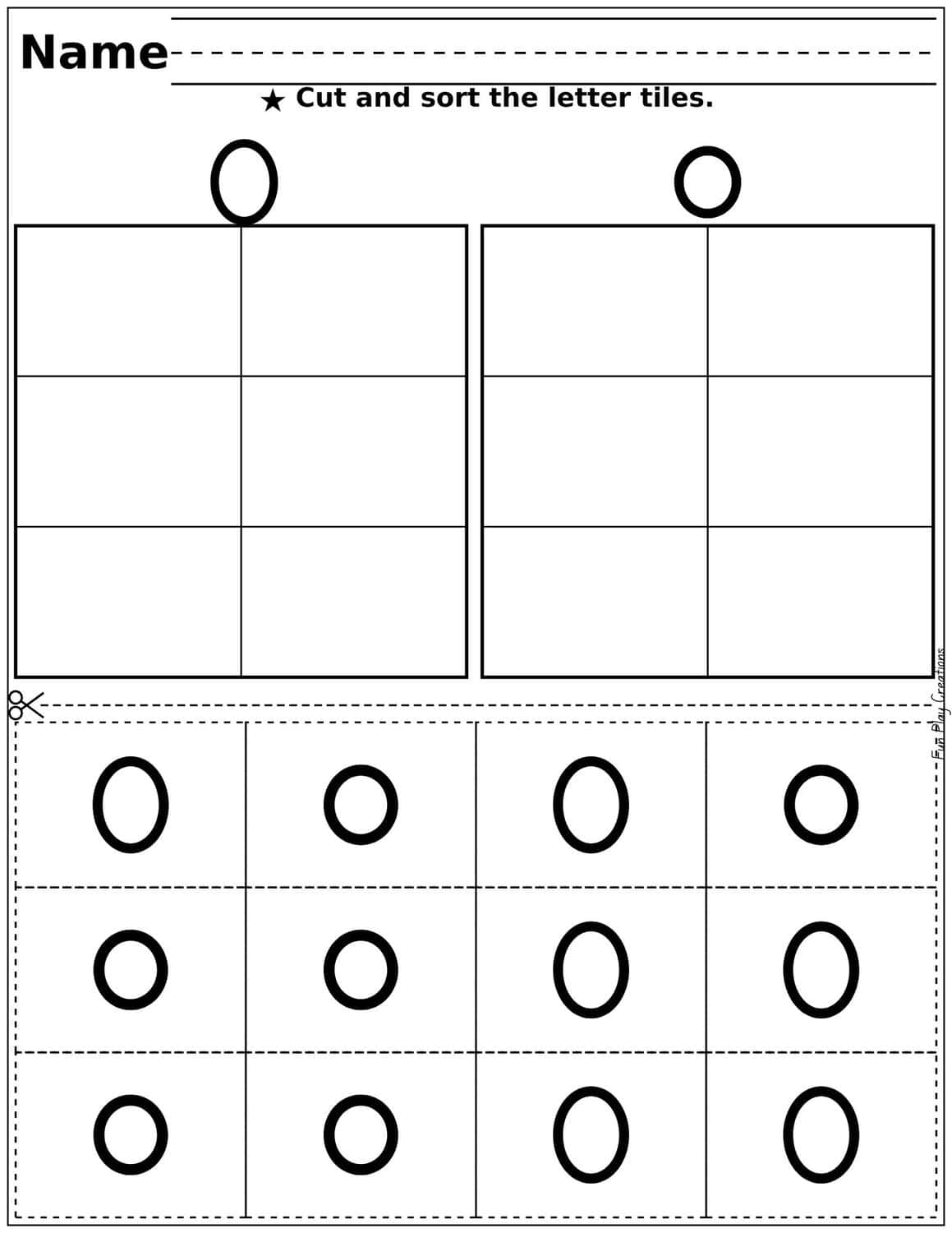 worksheet featuring capital and lowercase Oo with tiles to cut and glue in boxes