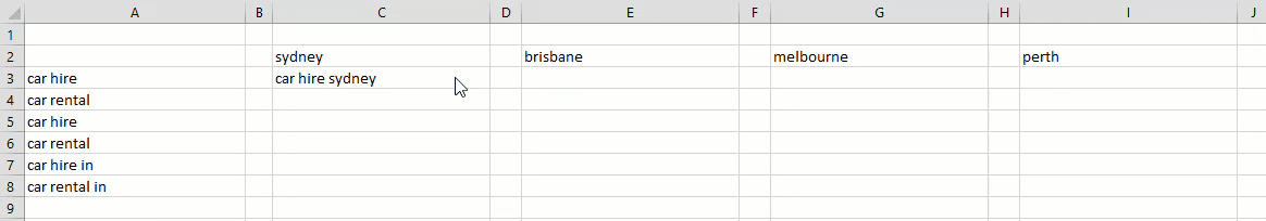 Concatenating keywords in Excel