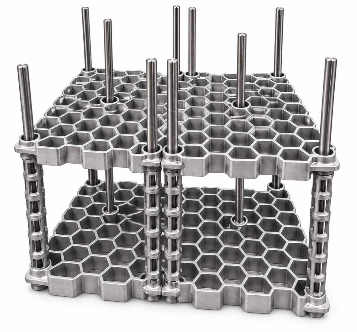Two-level heat treatment fixture with honeycomb trays and vertical locating posts
