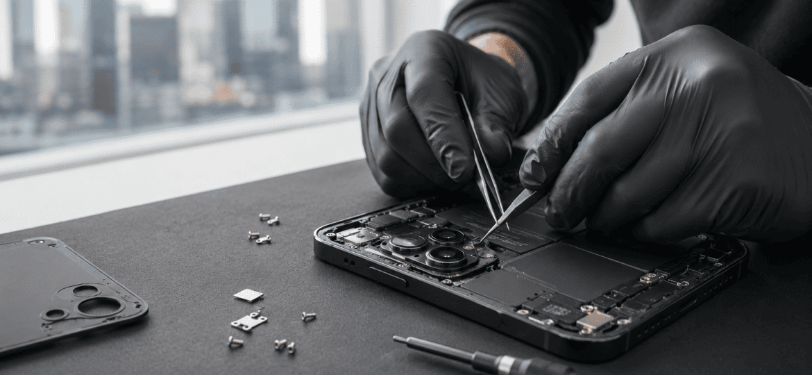Technician repairing an iPhone rear camera module in Midtown Manhattan NYC